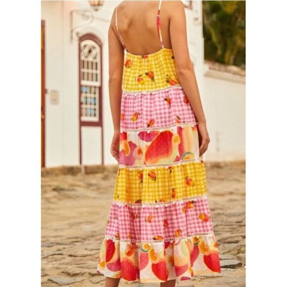 Farm Rio Sz M Dress Mixed Picnic Cashew Maxi Sundress Gingham Sleeveless Tiered - Picture 2 of 8